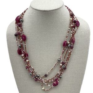 Women's Costume Jewelry Multi Strand Necklace Pink Stone, Beads 24" Adjustable